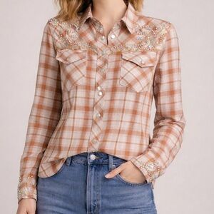 Women's Vintage Plaid Western Button-Up Shirt - Bedazzled w Crystals - Size XS